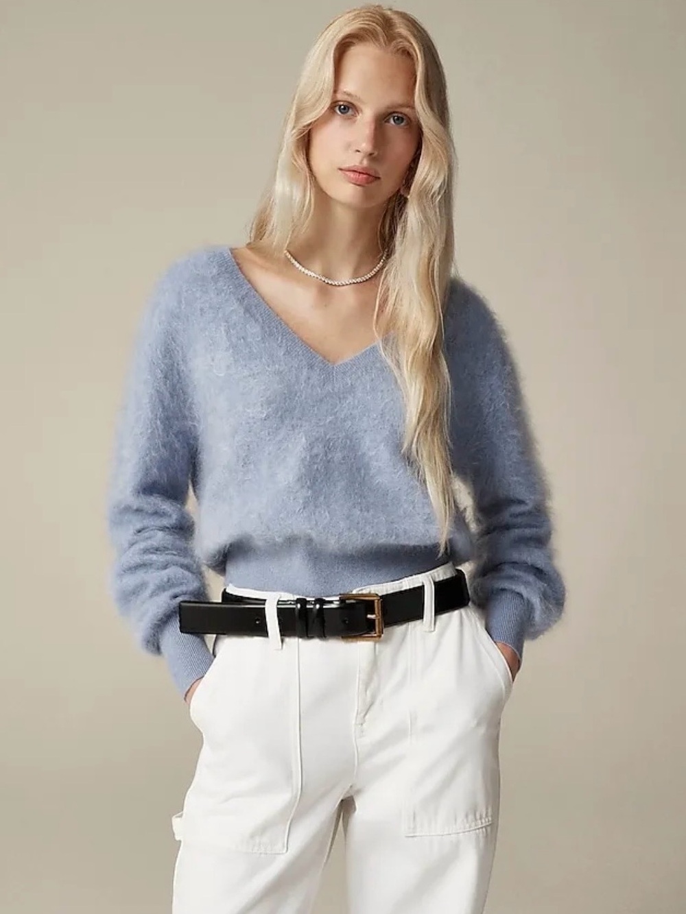 J.Crew Brushed Cashmere Cropped V-Neck Sweater Marble Blue M NWT